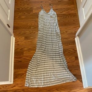 Gray and white striped maxi dress